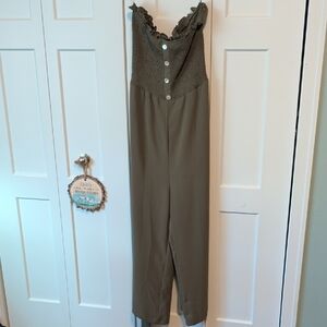 Vine & Love Olive Green Strapless Jumpsuit Smocked Detail